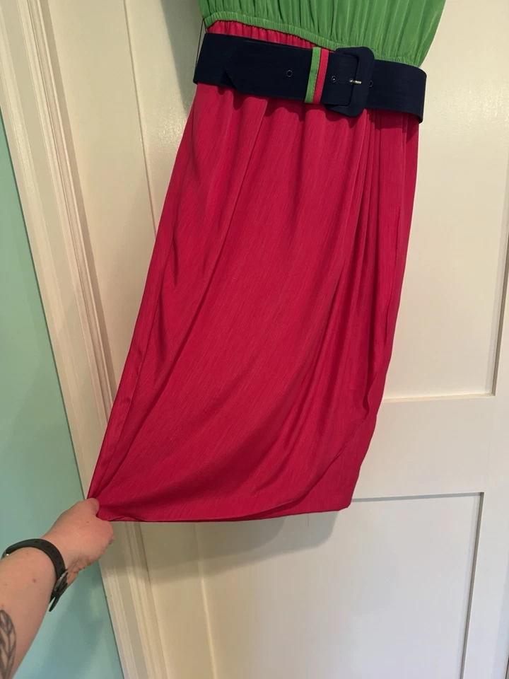 Vestido para mujer Leslie Fay vintage bloques de colores, talla 4, rosa y verde con cinturón Foto 2 de 4