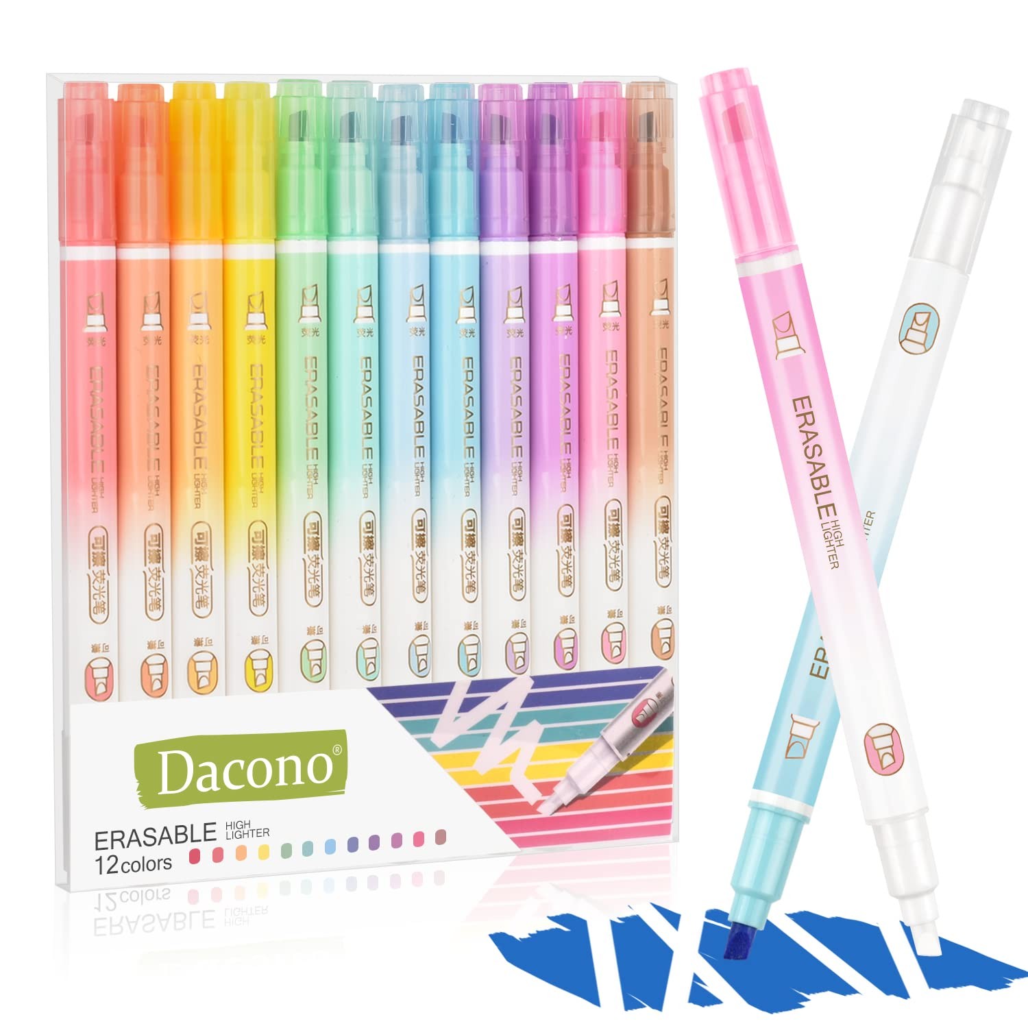 Erasable Highlighters, 12 Pcs Bible Highlighters No Bleed Through, Chisel Tip