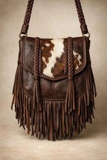 Womens Fringe Shoulder Bag, Genuine Leather Material, Brown Color, Boho Western