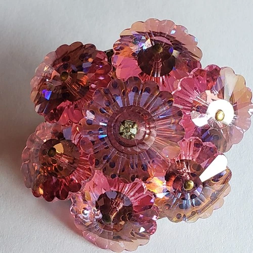 Vintage Pink Margarita Rivoli Crystal Brooch 2" Flower Star Costume Jewelry Pin