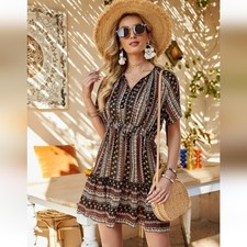 Shein Geo and Striped Print A-Line Dress Tribal Boho