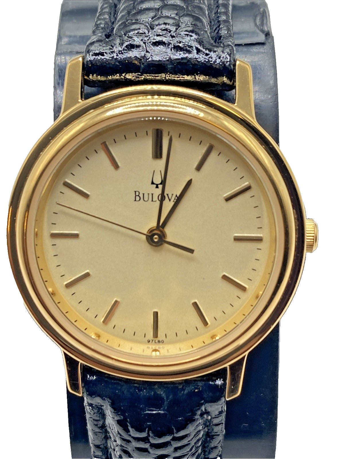 Reloj Dama Bulova 27mm 97-L80 Tono Dorado Esfera Correa Cuero Negro Nuevo Batt Works
