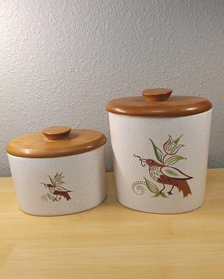 Barbara  Willis Pottery Provincial Bird Canister/Wood Lid Set Of 2 Vintage 