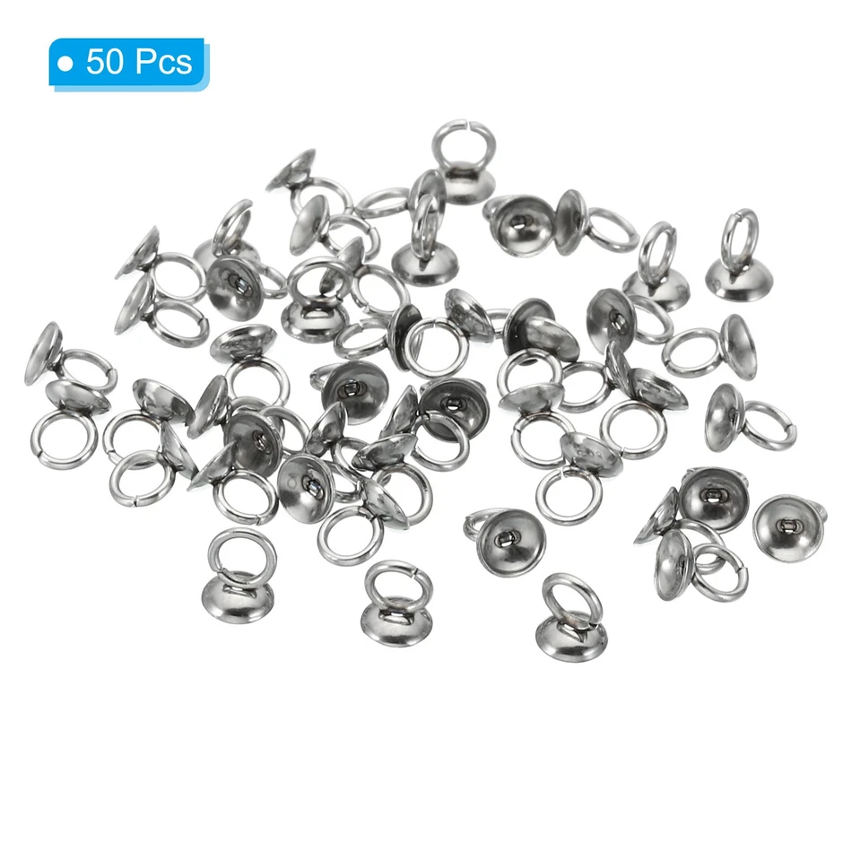 4mm Bead Caps, 50 Pcs Bead Cap Bail Pendant Ornament Caps with Loop,Silver Foto 3 de 4