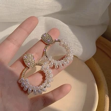 Sparkly Pearl Hoop Earrings Gold Rhinestone Teardrop Studs Elegant Statement