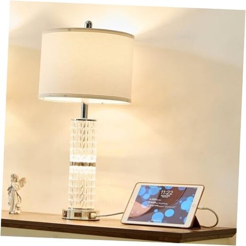 Crystal Table Lamps Modern 3-Way Dimmable Bedside Lamp with 2 USB Ports & AC