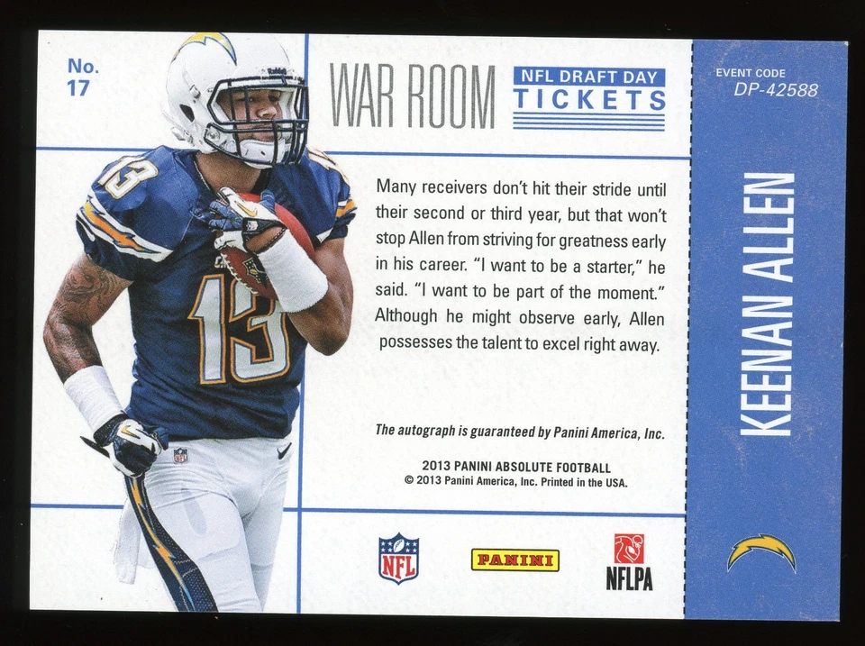 2013 Absolute Keenan Allen Auto Rookie NFL Draft Day Tickets War Room /25 RC - Image 2 of 2