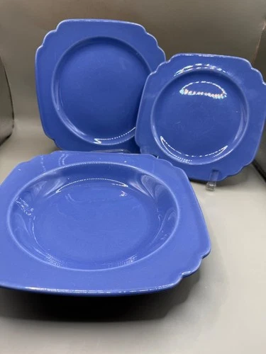 Vtg Harlequin Homer Laughlin RIVIERA Mauve Blue 3 pieces: 1 Soup &  2 plates