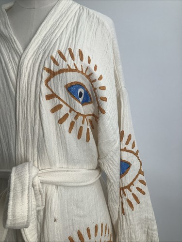Bodho Women's Long Sleeve Handmade Evil Eye Boho Festival Kimono Robe One Size - Picture 10 of 16