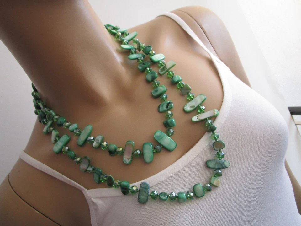 Damen Hals Kette Modekette Bettelkette lang Perlmutt Perlen Grün Endloskette P39 - Bild 3 von 4