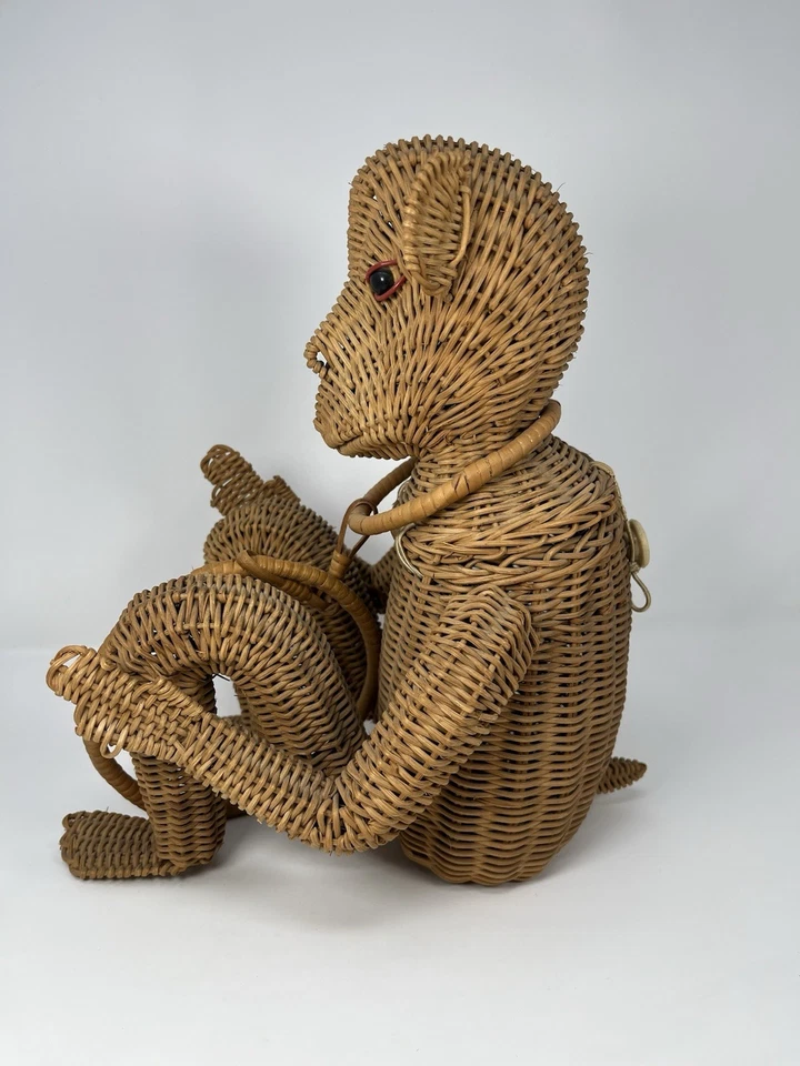 Cartera de colección grande figurativa mono mimbre ratán animal tejido a mano cesta artista Foto 4 de 4