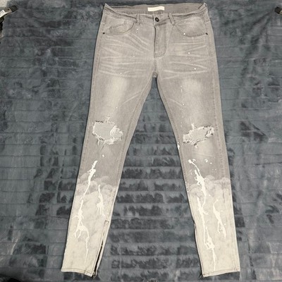 KDNK Skinny Jeans Mens 36 Grey Paint Splatter Distressed Ankle Zip 1141411