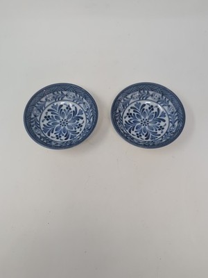 2 Taijimi Kyo-gama Kiln Blue Floral Pinch Bowl Porcelain Japan 4.5'' W 1.25'' T