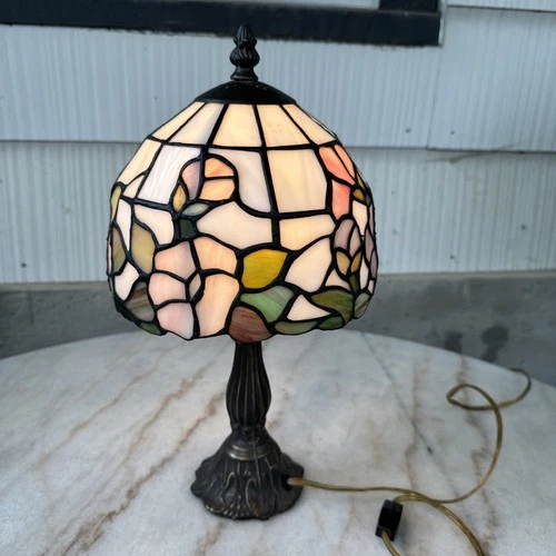 Vintage Tiffany Style Stained Glass Table Lamp Floral Pink Blue Green 15" Tall