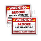 Brooke HAS AN ATTITUDE 2 Funny Warning Stickers 5" wide Orange - 2 Decals