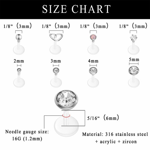 20Pcs 16G Clear Labret Stud Cartilage Monroe Piercing Tragus Earrings Lip Ring - Picture 7 of 8