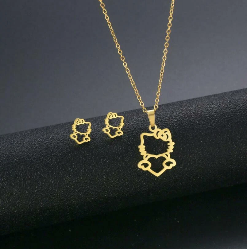 Gold Titanium S.Steel Love Heart Hello Kitty Cat Jewelry Set Necklace Earring