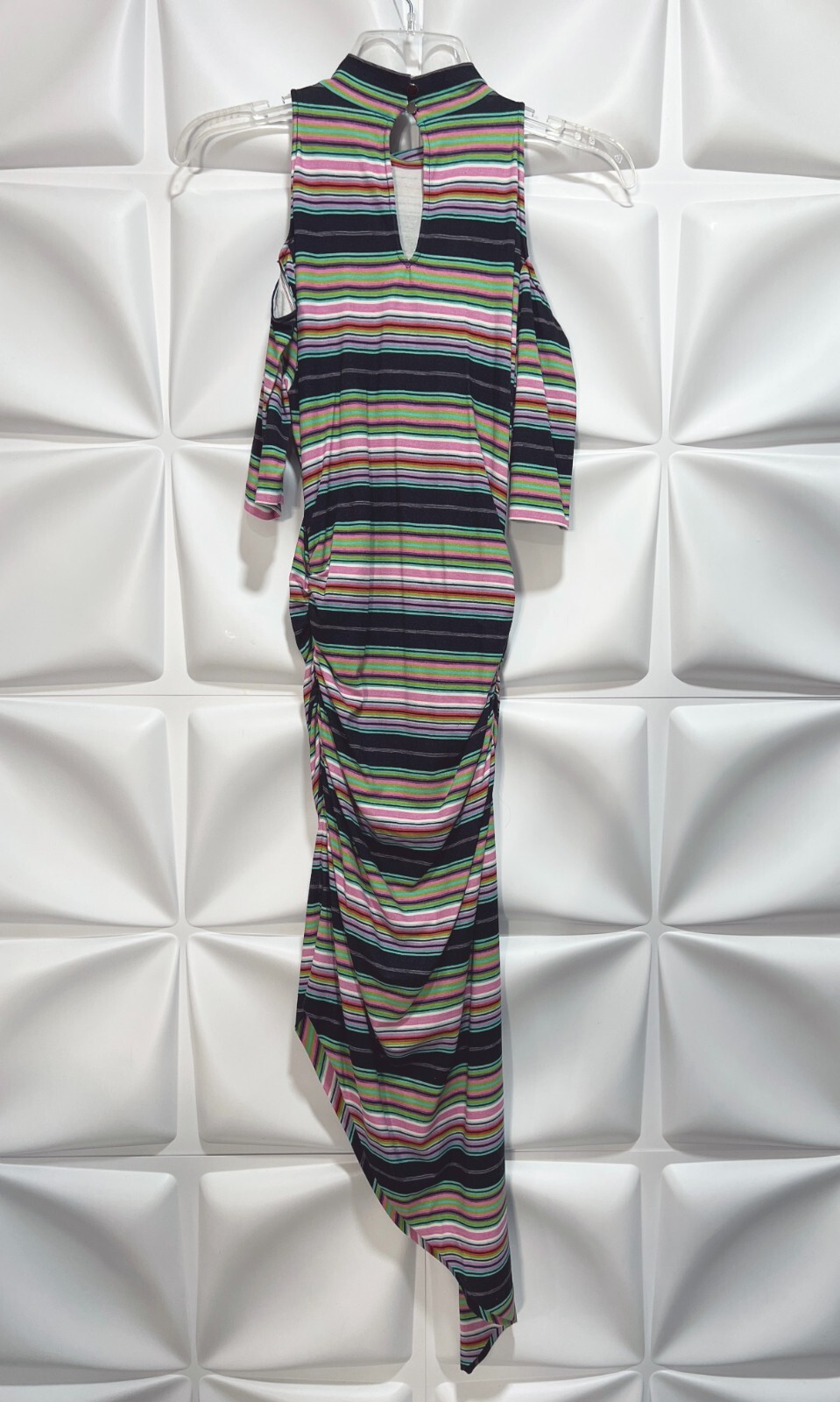 Artelier Nicole Miller Sz S Striped Mock Neck Cold Shoulder Asymmetrical Dress image 8