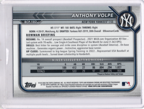 2022 Bowman Chrome - Prospects Anthony Volpe #BCP-182 Mojo Refractor - Picture 2 of 2