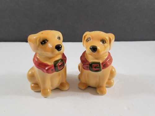 Vintage Yellow Puppy Dog with Red Collar Salt & Pepper Shaker Set - Picture 2 of 6