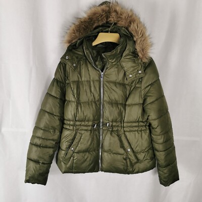 Ladies Jacket Size 12 14 Primark Green Puffer Faux Fur Trim Hood Winter 