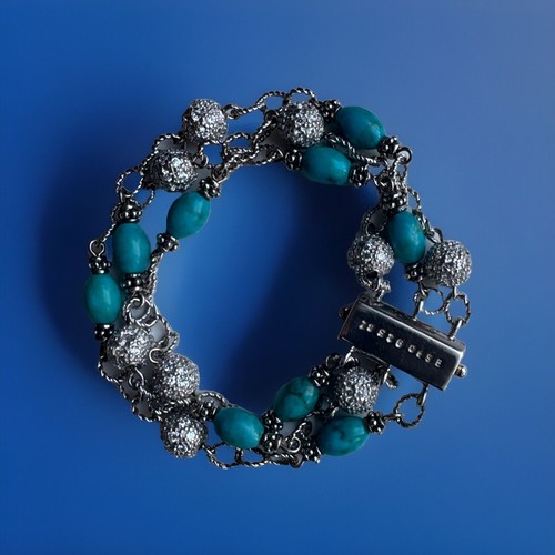 Joseph Esposito Sterling 925 Silver Turquoise and CZ Bead Bracelet 7 inch