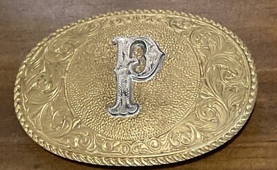 Vintage Crumrine El Arturo Bronze Belt Buckle  P  Initial Monogram Western Oval
