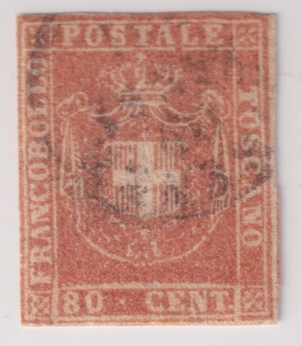 Italy Tuscany Scott #22 80c Used Stamp. VF margins. APS Certified. CV $1500 - Picture 2 of 3