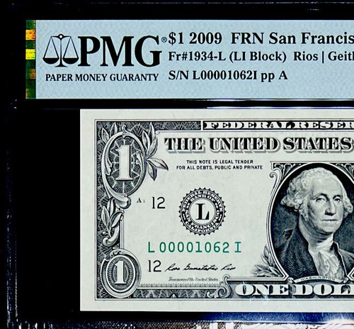 GEM 2009 $1 FEDERAL RESERVE NOTE-LOW SERIAL # 00001062 PMG #66 EPQ UNC - Picture 4 of 4