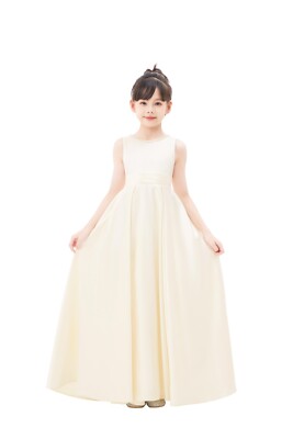 Backless A-line Satin Flower Girl Dress with Pearl Beaded Trim