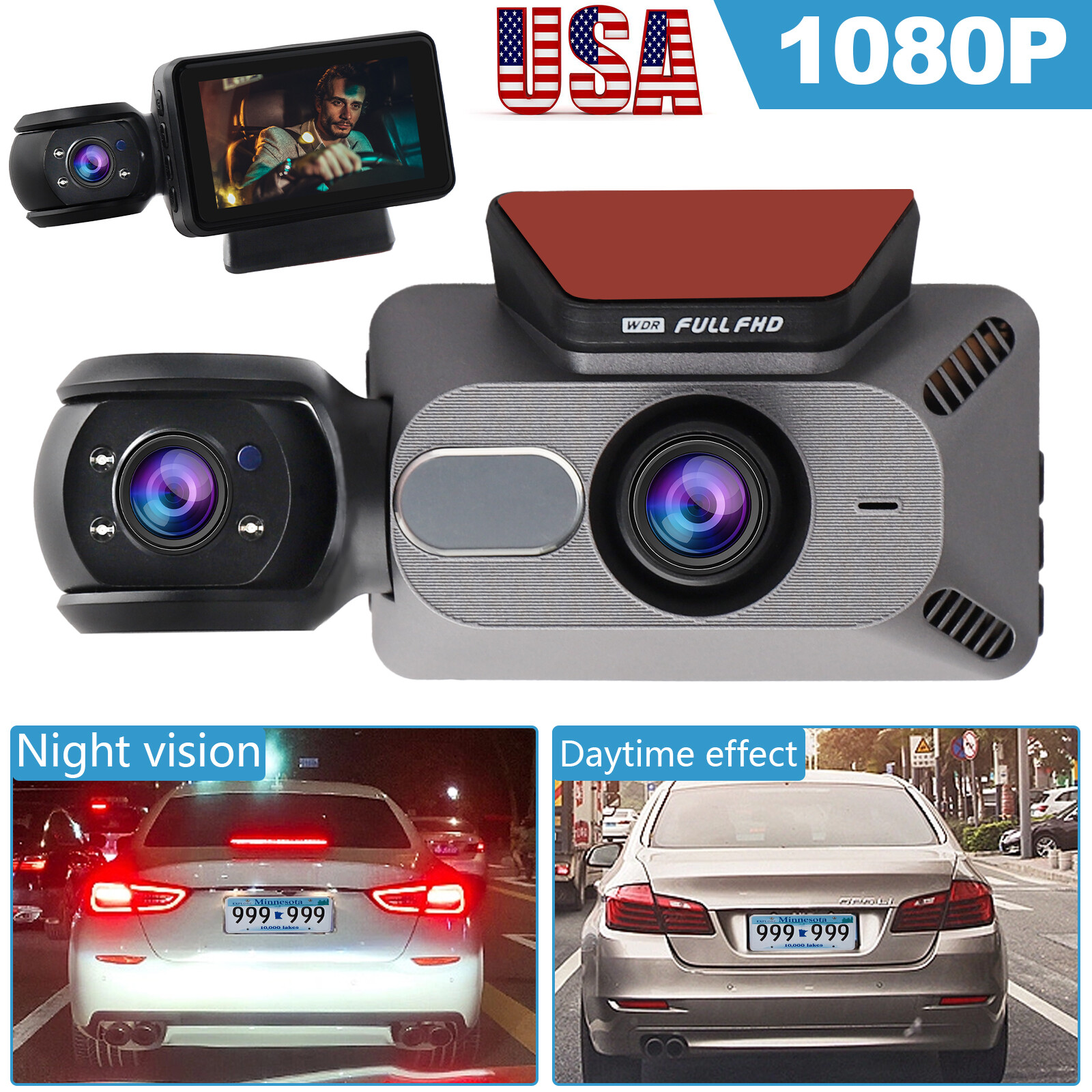 Dash Cam Full HD 1080P Front Rear Inside Triple Lens G-Sensor Recorder-image
