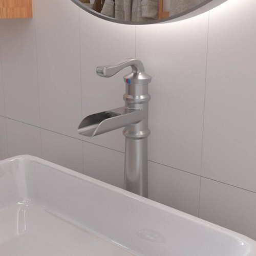 BWE Vessel Bathroom Faucet Single-Handle Single Hole Waterfall Brushed Nickel - 第 5/11 張圖片