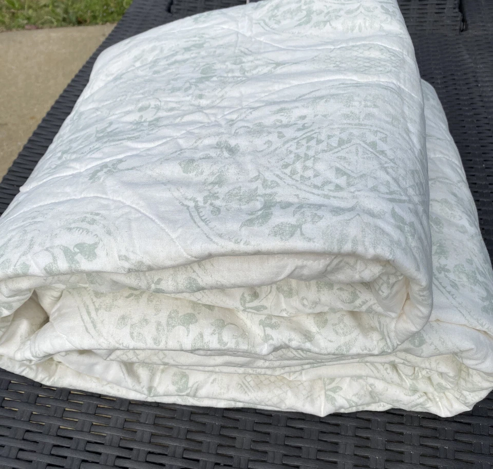 Edredón Threshold Green Off-White Damasco Mezcla de Lino FULL QUEEN Foto 4 de 4