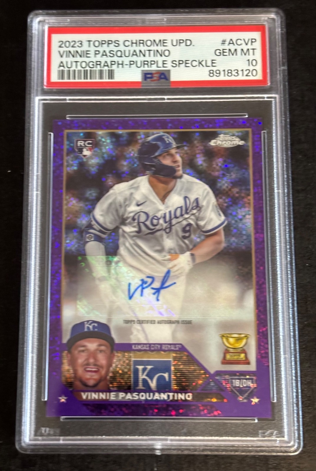 2023 Topps Chrome Update Vinnie Pasquantino Purple Speckle Auto /299 RC PSA 10