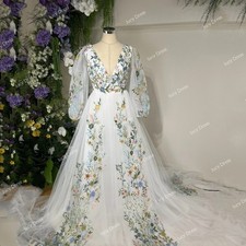 Elegant Wedding Dress 3D Floral Appliques Puff Sleeves A-Line Evening Prom Gown