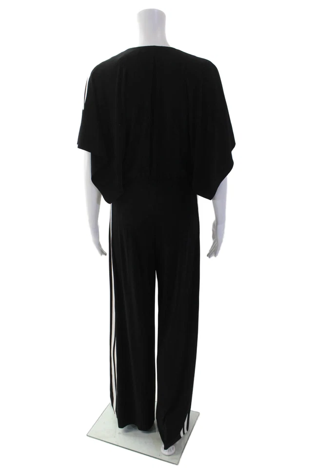 Mono negro Norma Kamali para mujer manga corta cuello en V ribete a rayas pierna ancha XS Foto 3 de 4