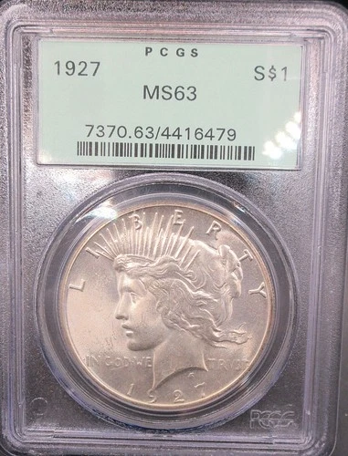 1927  PEACE US Mint Silver Dollar,   MS63 by PCGS, OGH