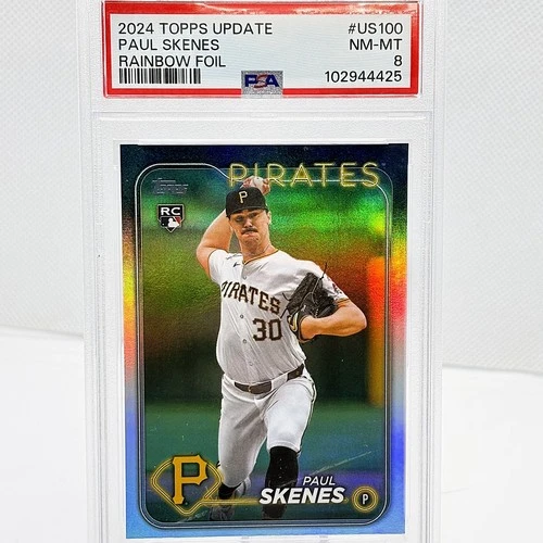 2024 Topps Update Series Paul Skenes #US100 Rainbow Foil White uniform RC PSA 8