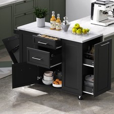 Kitchen Island with Tilt-Out Trash Can Rolling Cabinet Drop Leaf 50.7 in Black