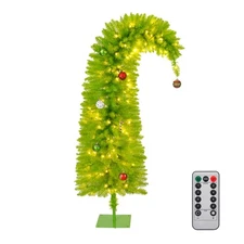 5.5 FT Lime Green Christmas Tree, Pre-Lit Curved Shape Artificial Xmas Tree w...