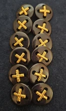 12 Buttons Black & Gold Rope Style X . Shank.  Plastic 