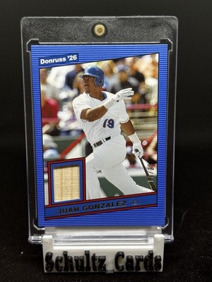 JUAN GONZALEZ 2026 RARE BLUE /25 GAME USED BAT SSP Panini Donruss 1986 MATERIALS