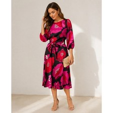 Talbots Floral Midi Dress Belted Black Pink Red Elegant Occasion Party Size 2