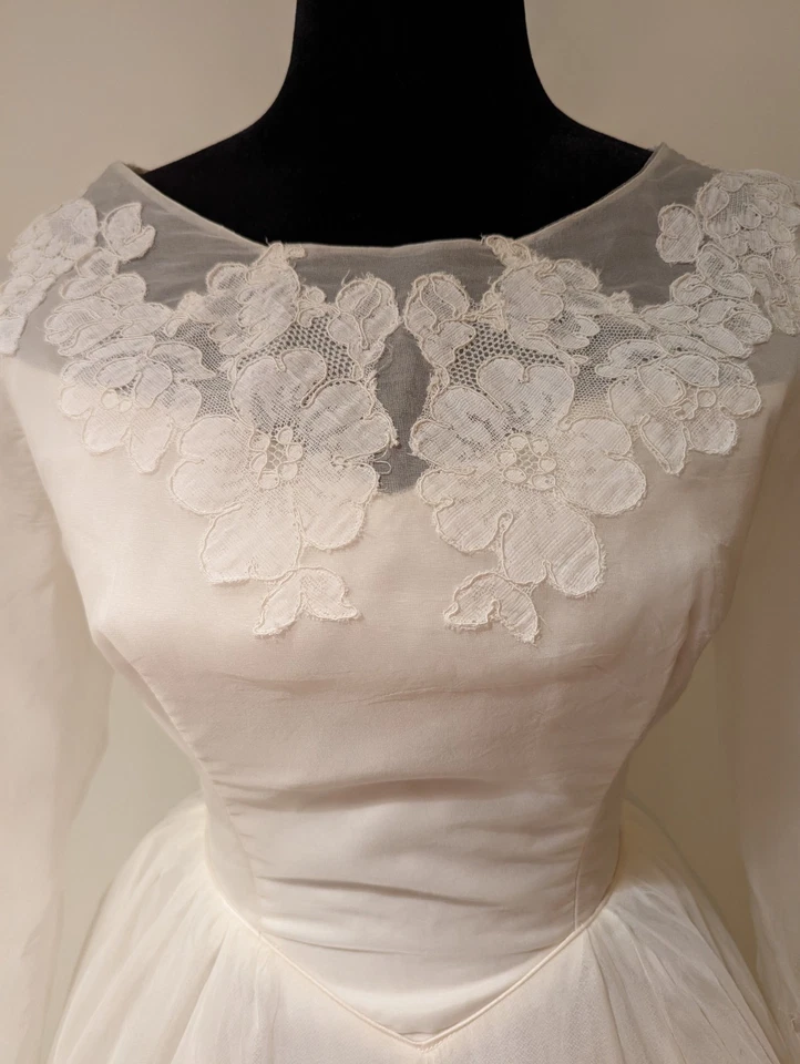 Vestido de novia vintage de tul de encaje blanco sin marca de los años 50 falda interior con cremallera trasera  Foto 2 de 4