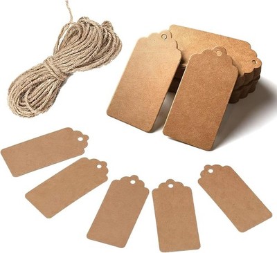100er Pack Vintage braune Kraftpapier Etiketten, 7x4cm mit Juteschnur zum Verschenken