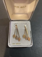 14K Tri-Tone Yellow White & Rose Gold Triple Leaf Dangle Earrings