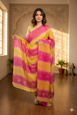 Sanskriti Vintage Pink-Yellow Pure Chiffon Dupatta Hand Embroidery Zardozi Stole
