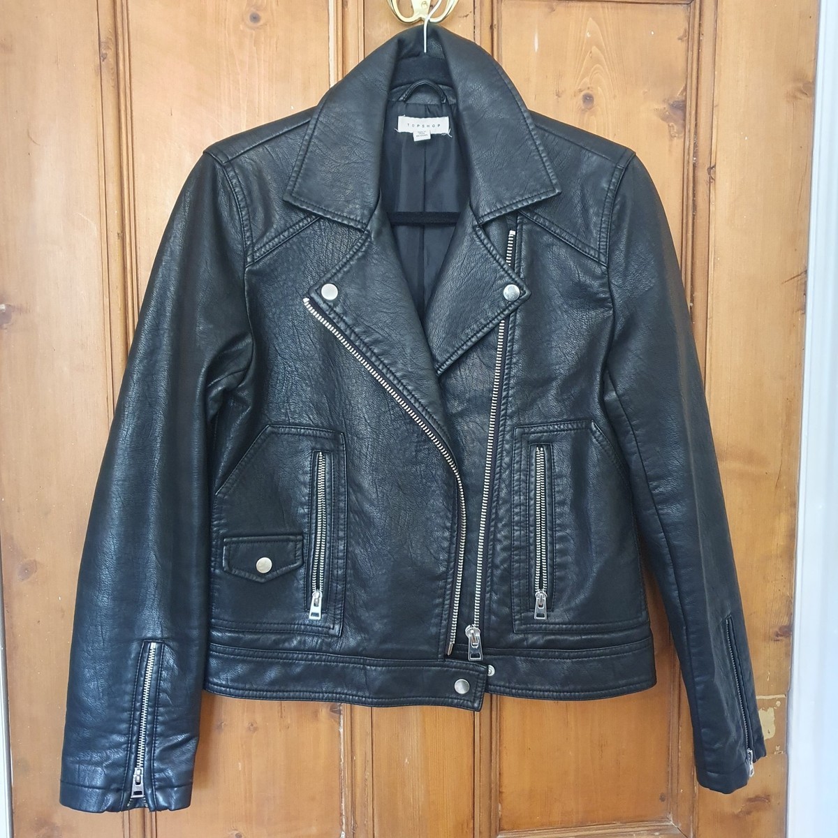 Leather Look Biker Jacket By Top Shop Size 10 Black Exc Condition