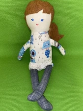 Her Bunnies Three Cloth Blue Eyed Hand Sewn Doll 17” VTG Gramophone Print Dress