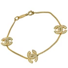 CHANEL Triple CC Logos Rhinestone Bracelet 7" Gold Tone Auth #2064
